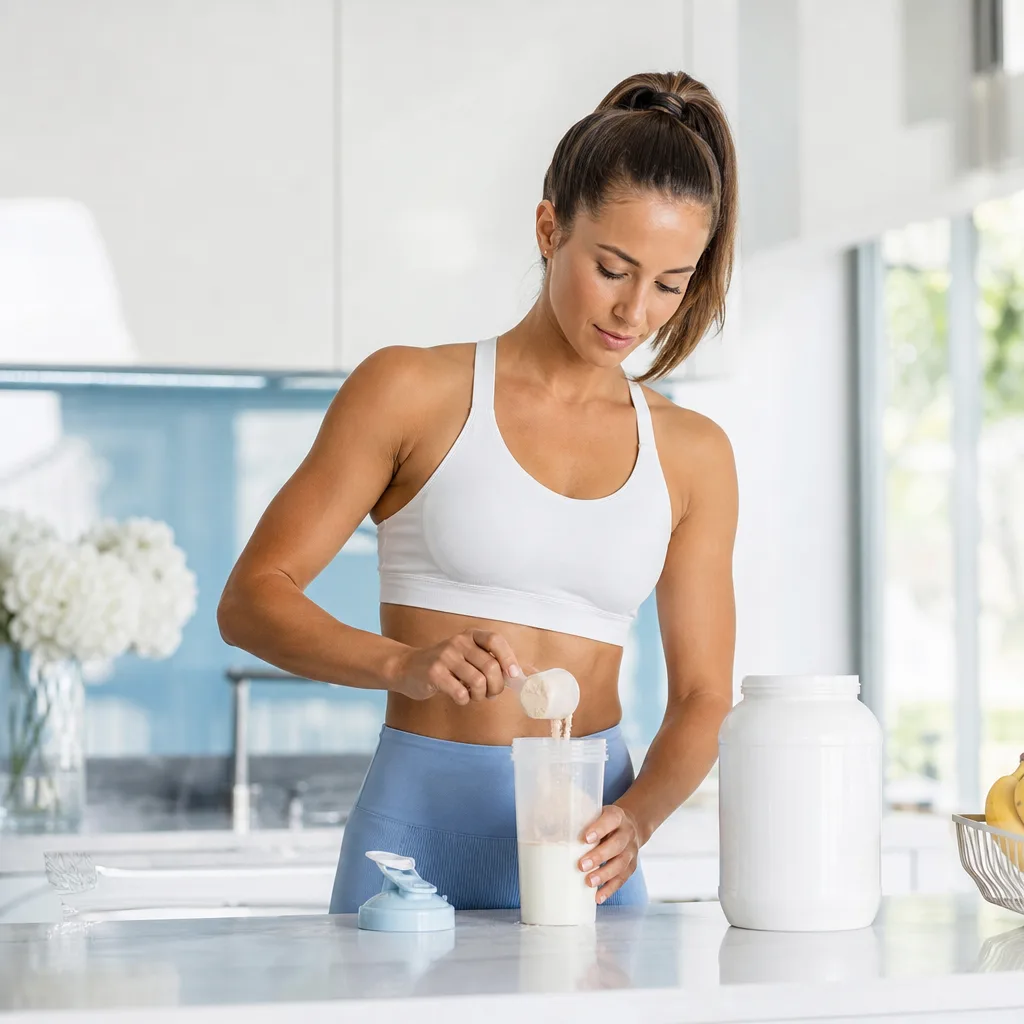 Woman in workout clothes preparing a protein shake in a bright kitchen after training
