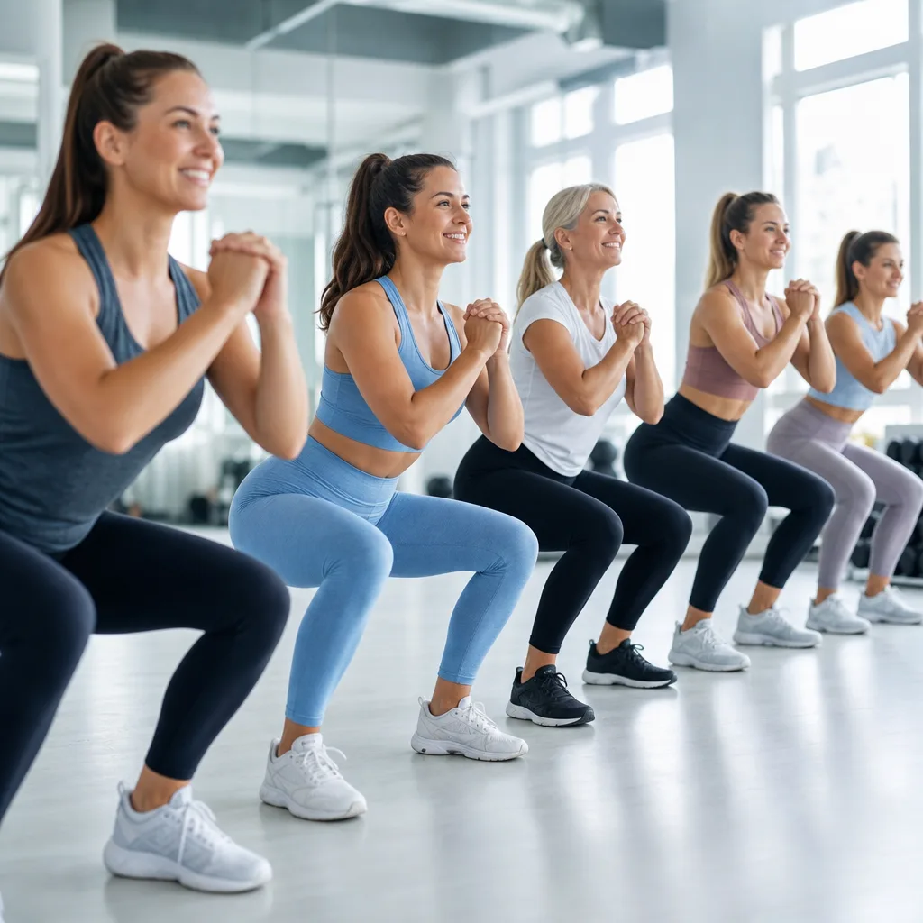 Group of smiling women of different ages doing squats together in a bright gym studio