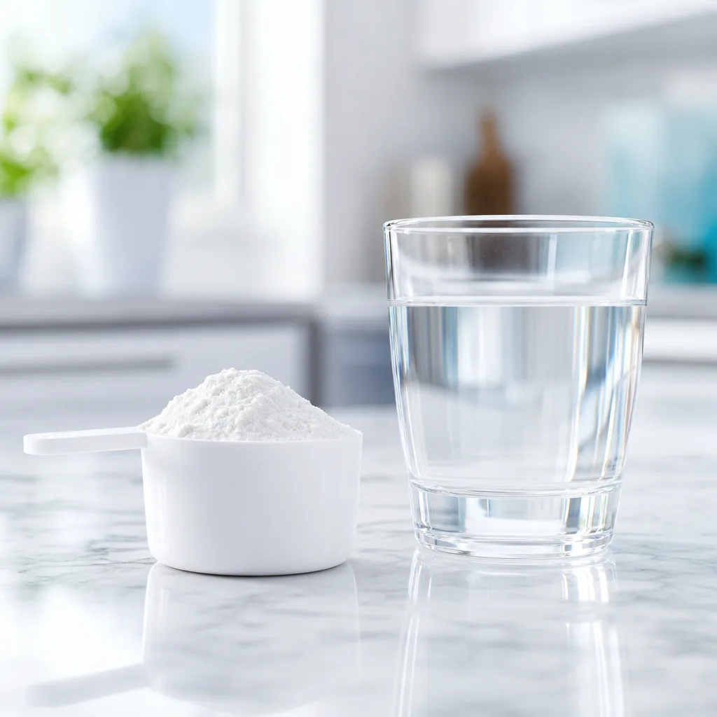 creatine powder in a scoop next to a glass of water on a kitchen counter