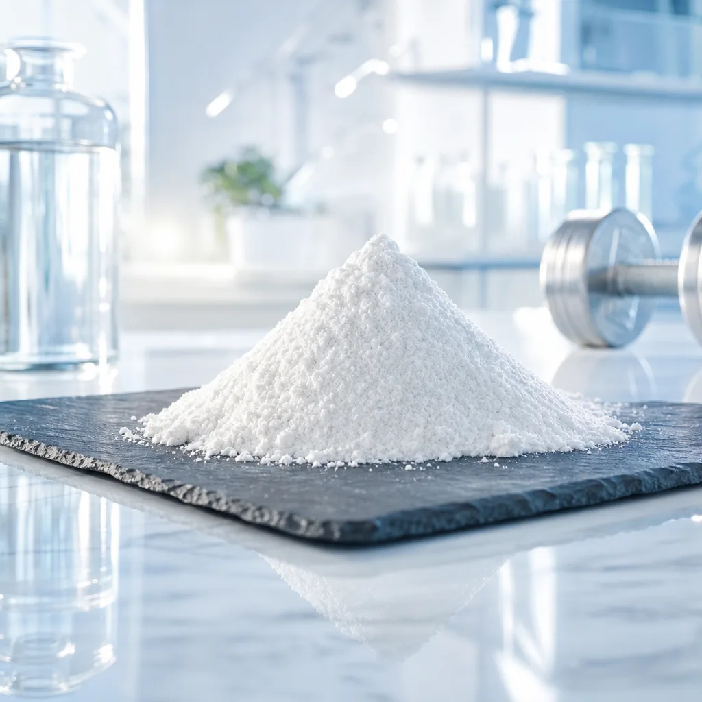 white creatine monohydrate powder forming a small pyramid on a dark surface