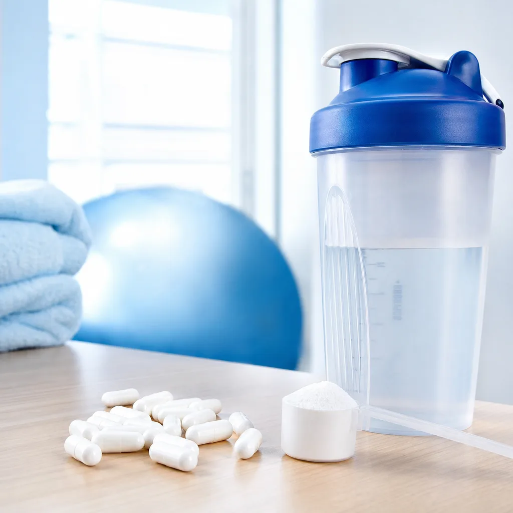 creatine capsules on a light wooden surface next to a training shaker bottle