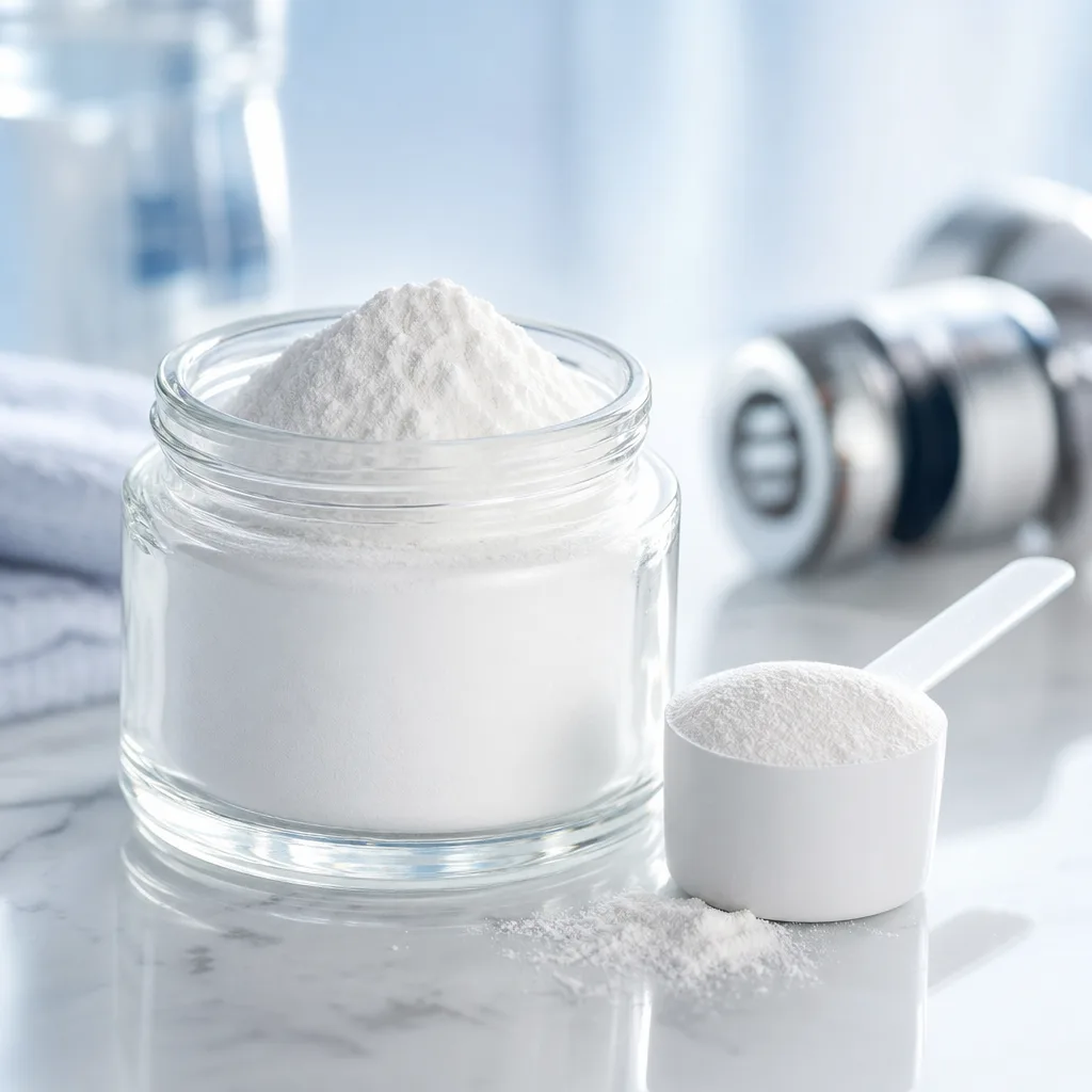 white L-arginine powder in a small glass jar with a measuring scoop nearby