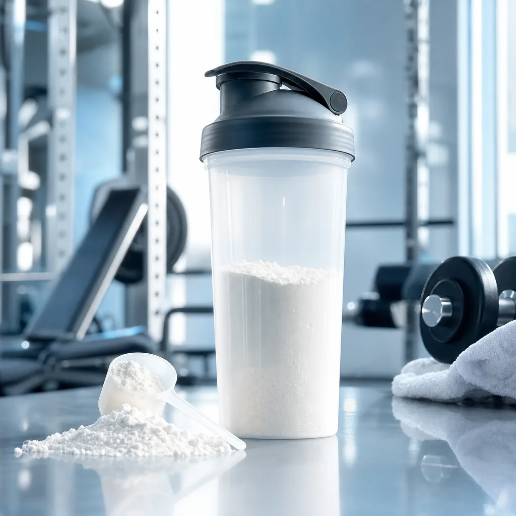 shaker bottle with supplement powder in a gym setting, no faces visible