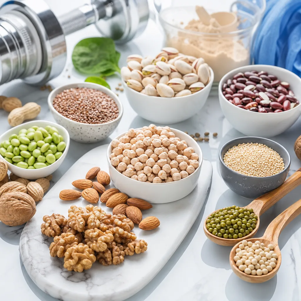 assorted nuts and legumes as a flat lay representing arginine-rich foods