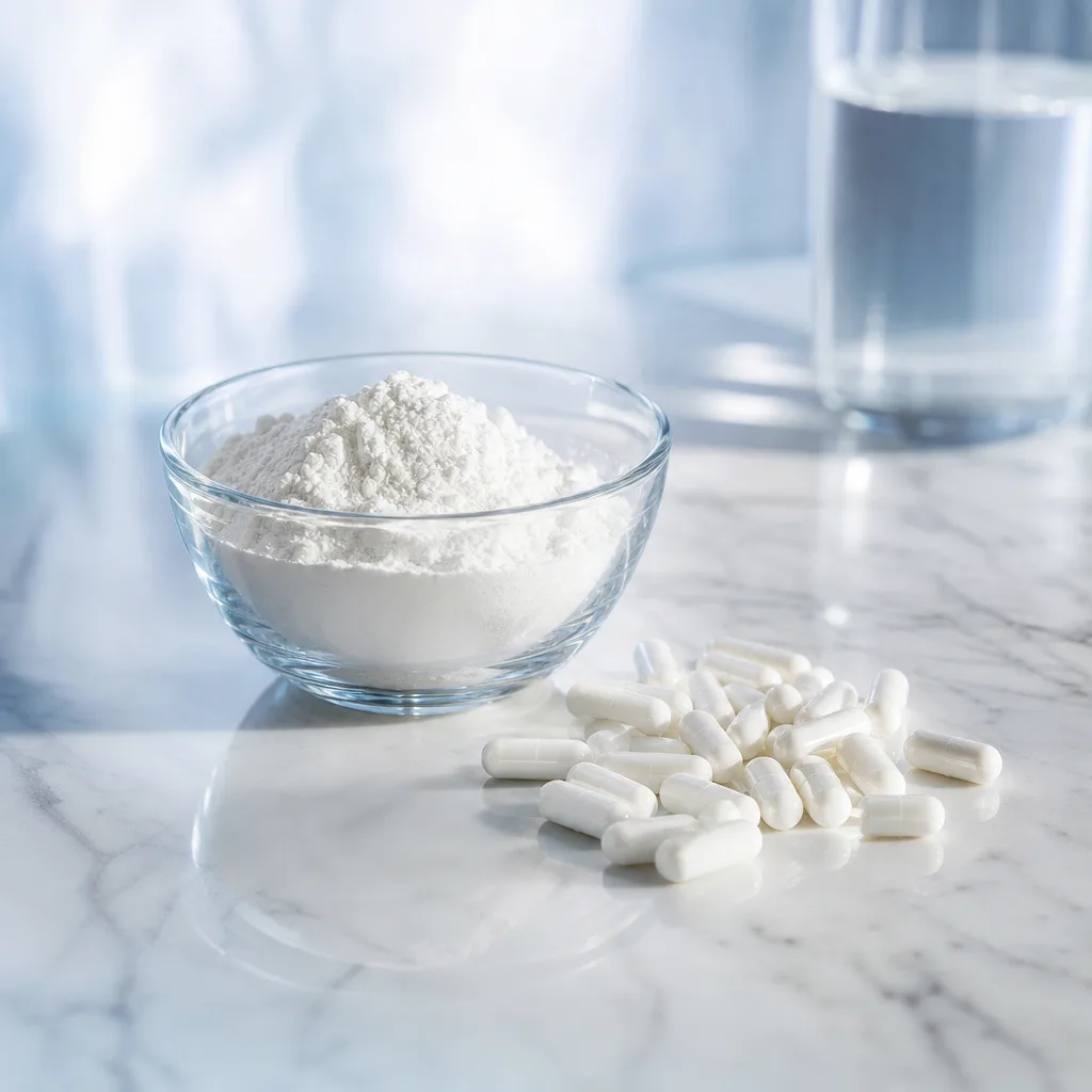 L-carnitine capsules and powder on a marble surface with soft natural light
