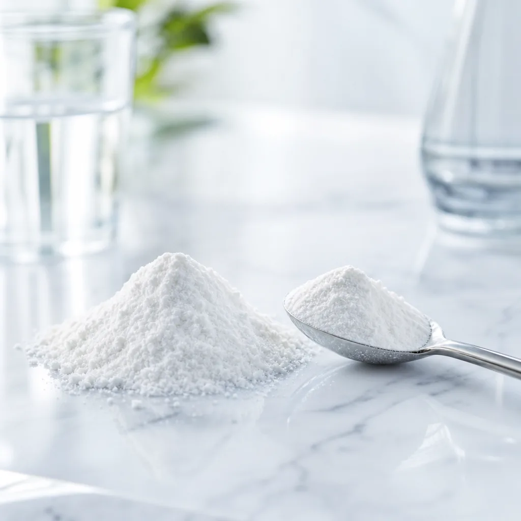L-carnitine tartrate powder next to a spoon on a clean marble countertop