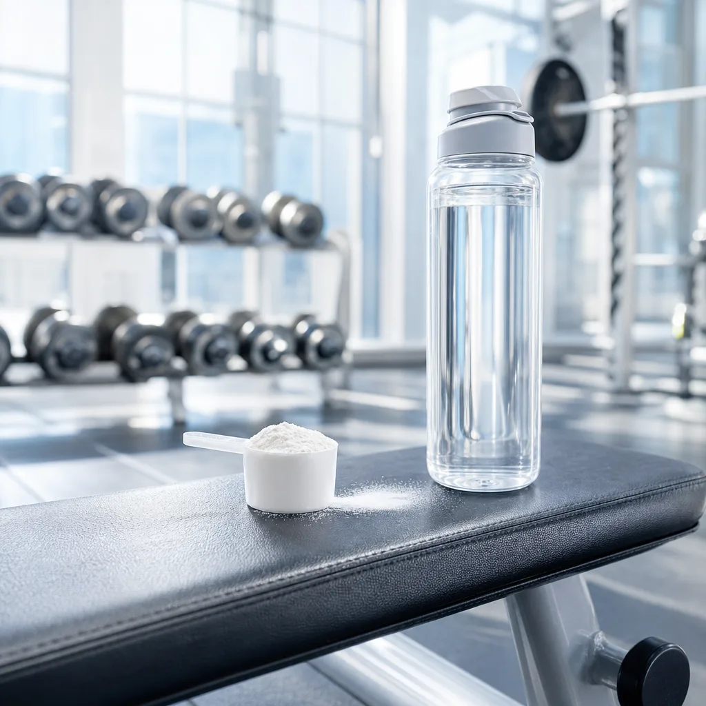 sports water bottle and supplement powder scoop on a gym bench, no faces visible