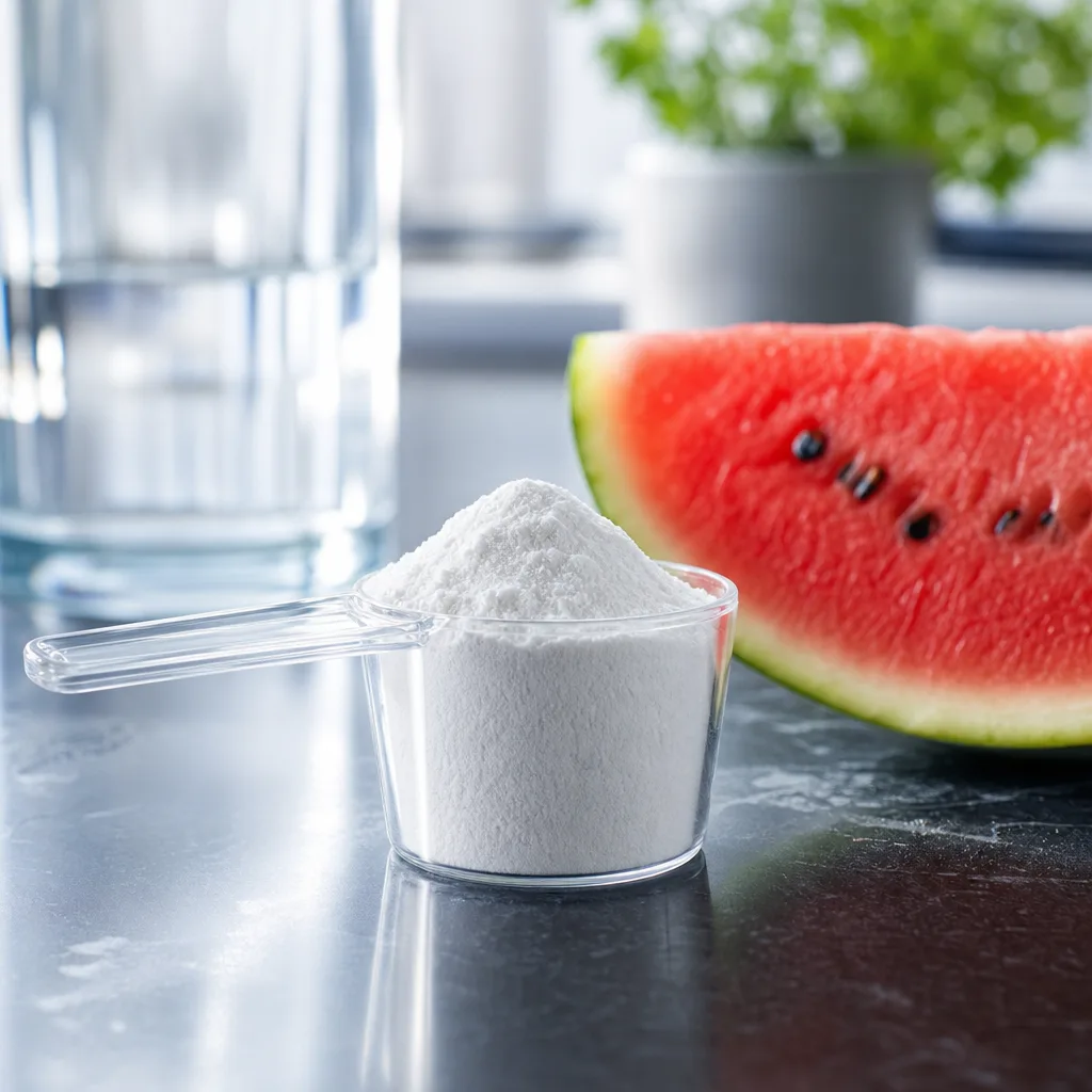 L-citrulline powder in a glass measuring scoop on a dark kitchen counter