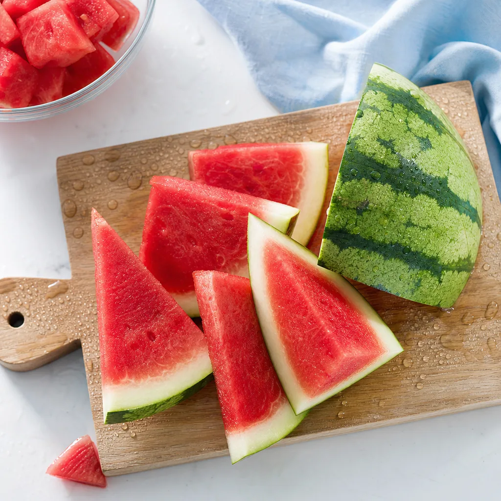 sliced watermelon on a wooden cutting board with water droplets, overhead shot