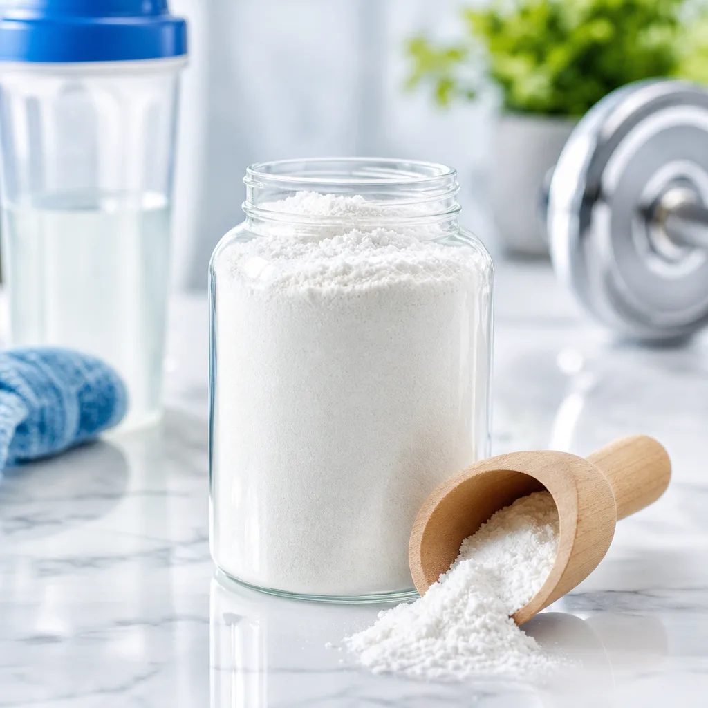citrulline malate powder in a glass jar with a wooden scoop on a countertop
