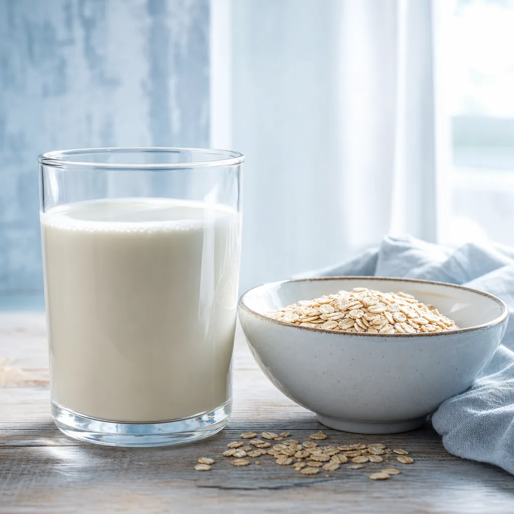 glass of milk next to a bowl of oats on a wooden table, soft natural light