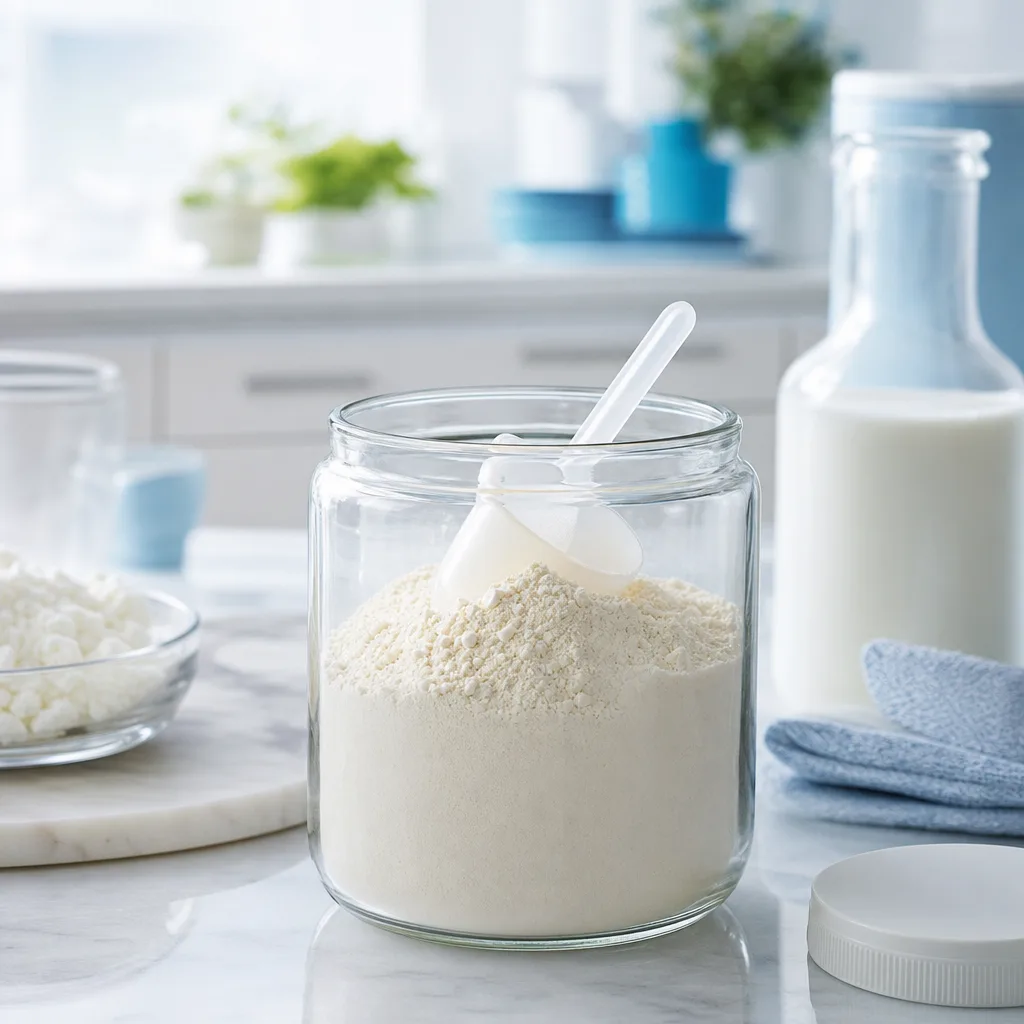 glass jar of casein protein powder with a scoop, soft lighting on a kitchen counter