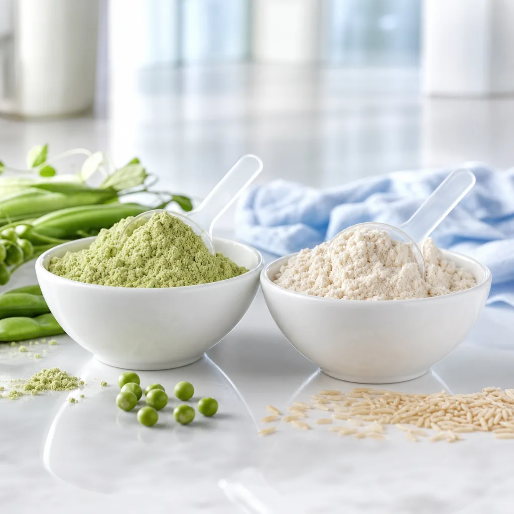 scoops of pea and rice protein powder in small bowls on a kitchen counter