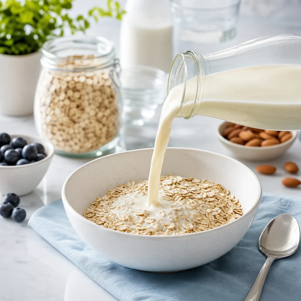 glass of plant based milk poured into a bowl of oats, soft daylight