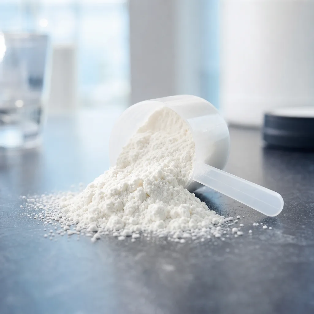 white amino acid powder spilling from a scoop onto a dark kitchen counter, close up