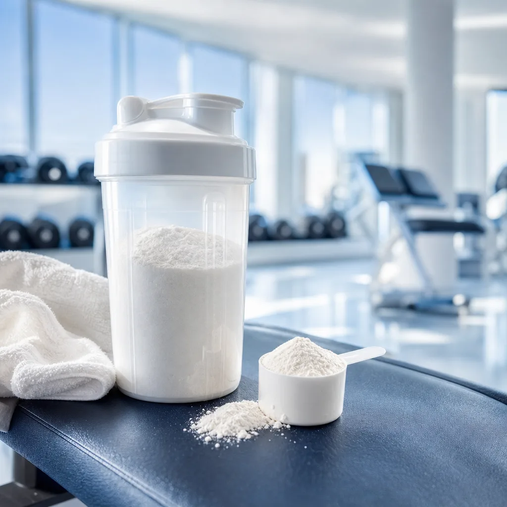 protein shaker with white powder and a measuring scoop on a gym bench, natural daylight
