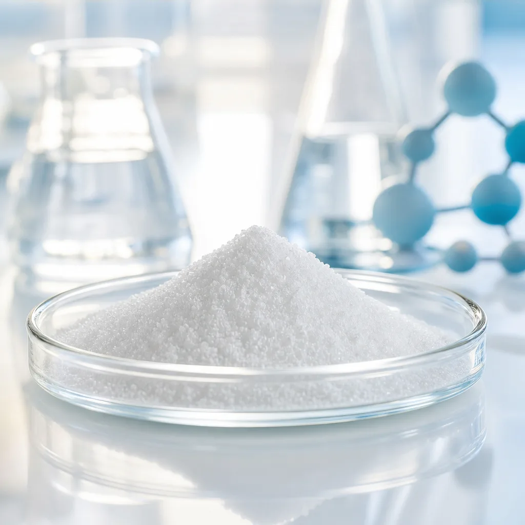 white crystalline lysine amino acid powder in a laboratory glass dish with soft light