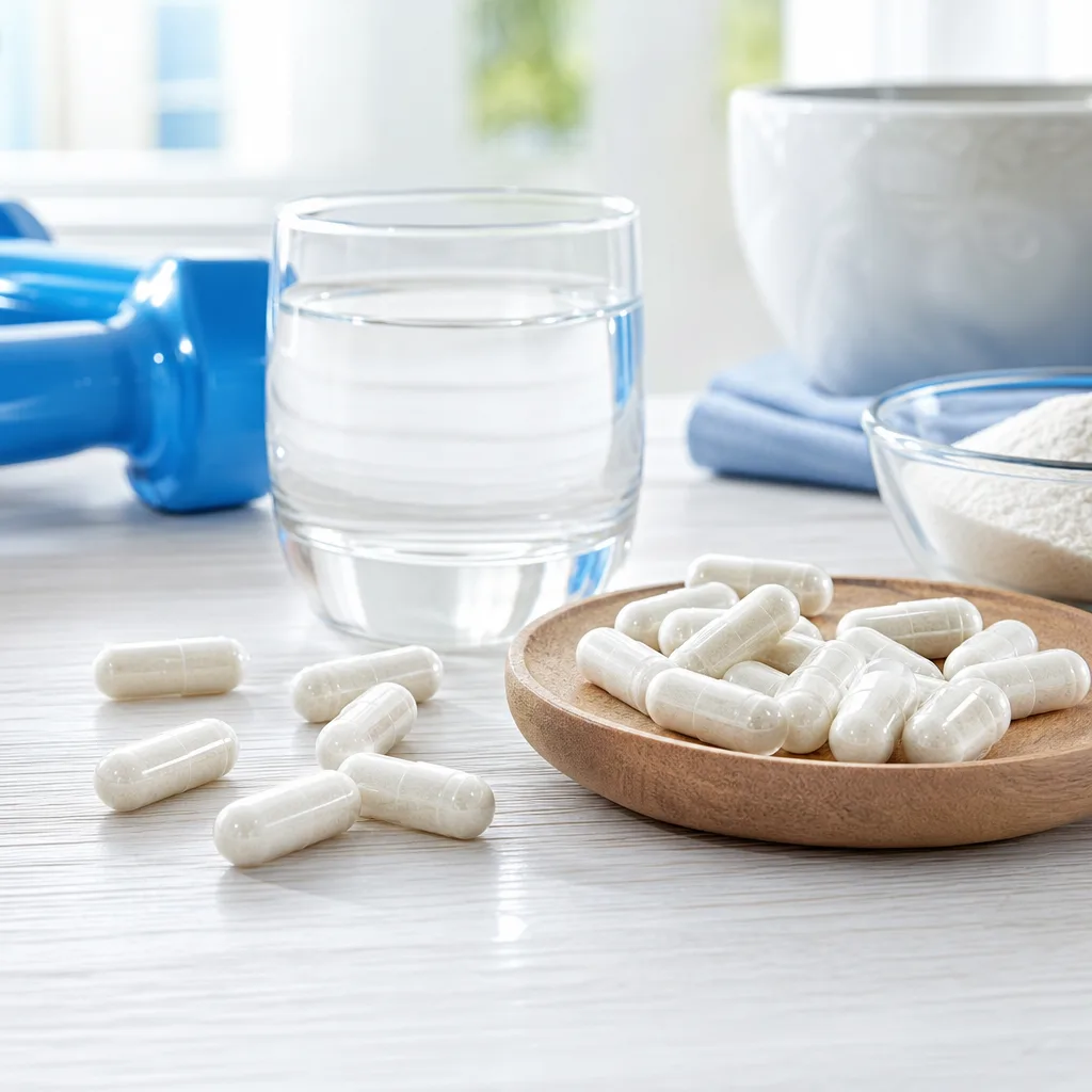 lysine supplement capsules arranged neatly on a light wooden surface