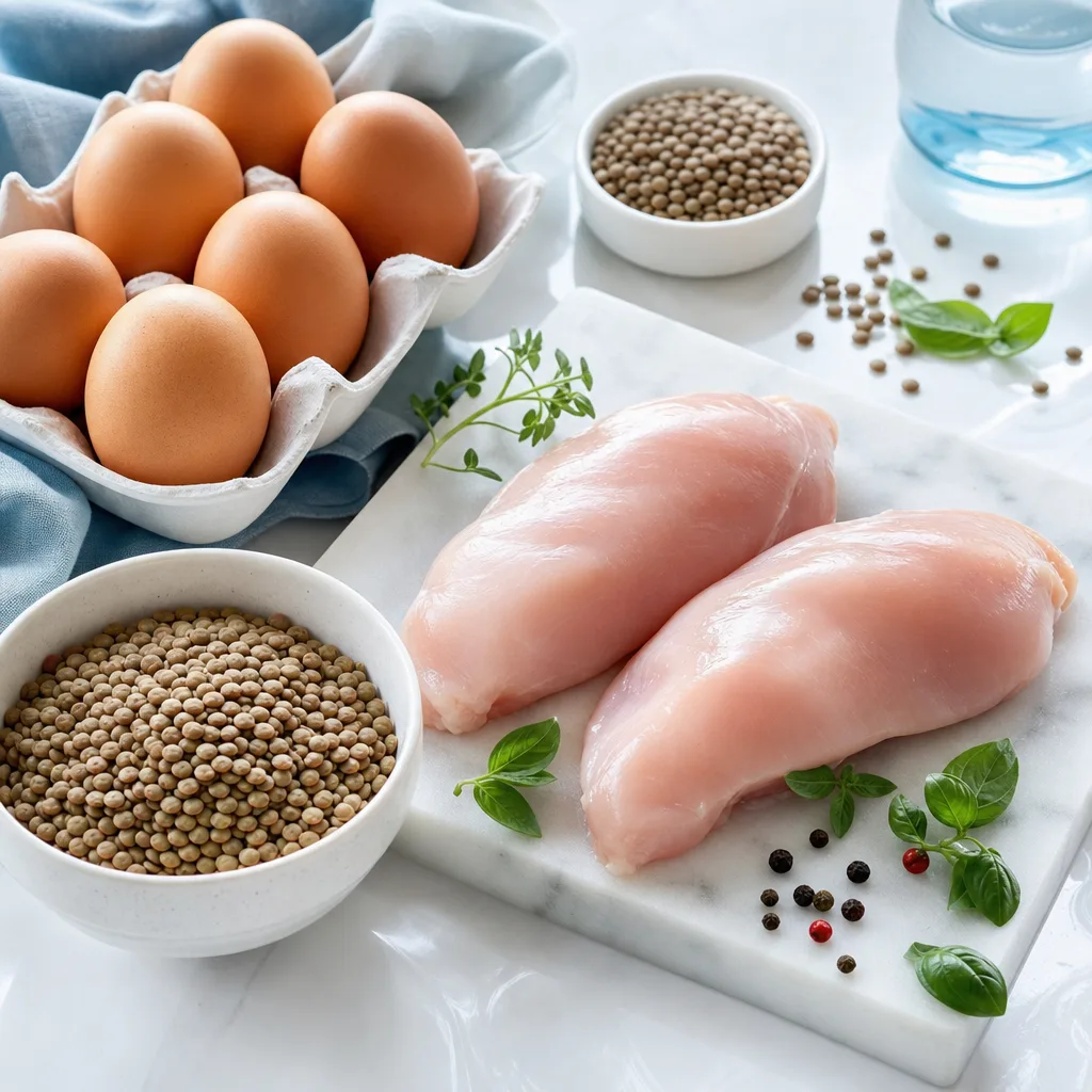 lentils, chicken breast and eggs arranged as a flat lay of protein-rich foods