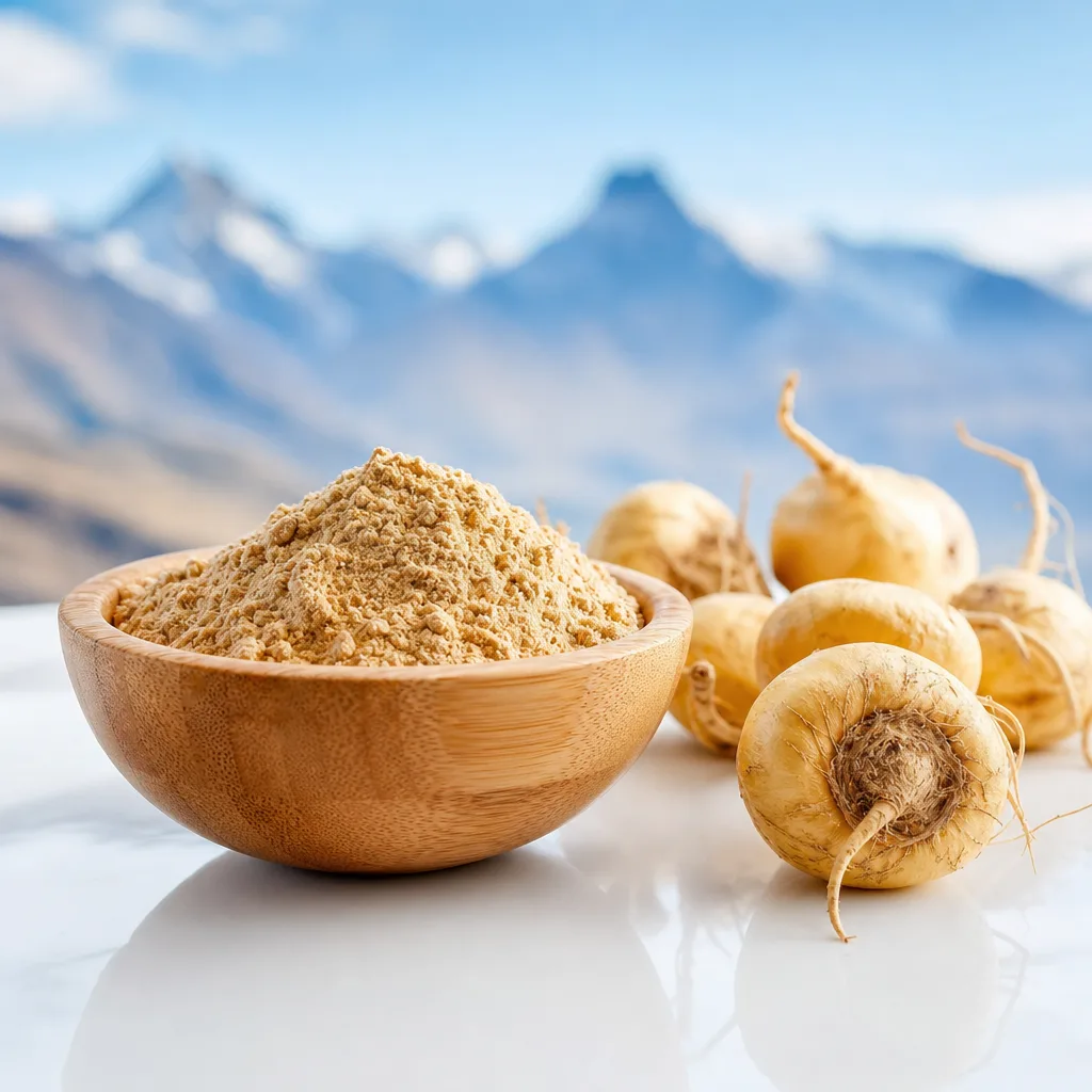 dried maca root powder in a small wooden bowl with whole maca roots beside it
