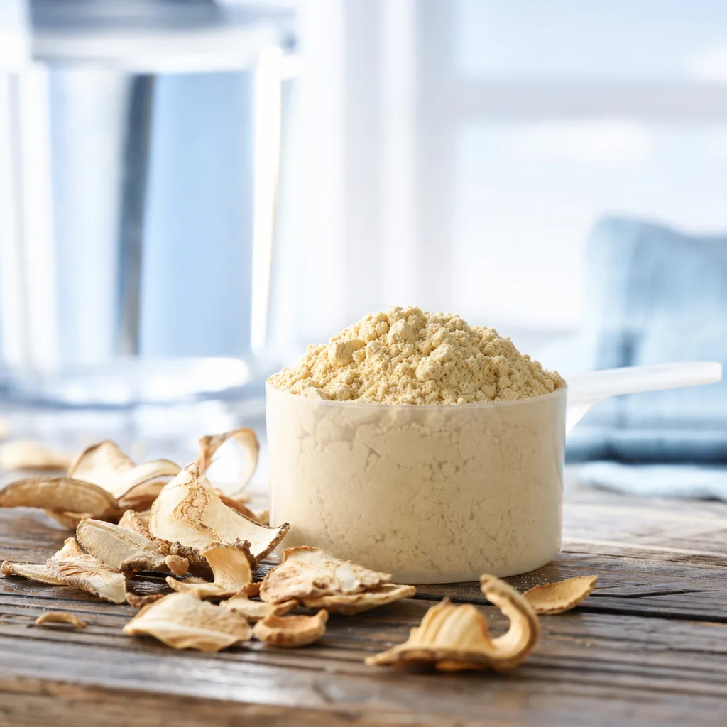 scoop of beige maca powder on a rustic wooden table with scattered dried root slices