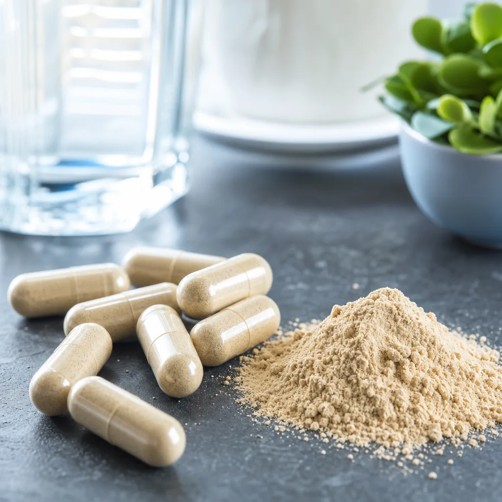 maca capsules and a small pile of beige maca powder on a dark stone surface