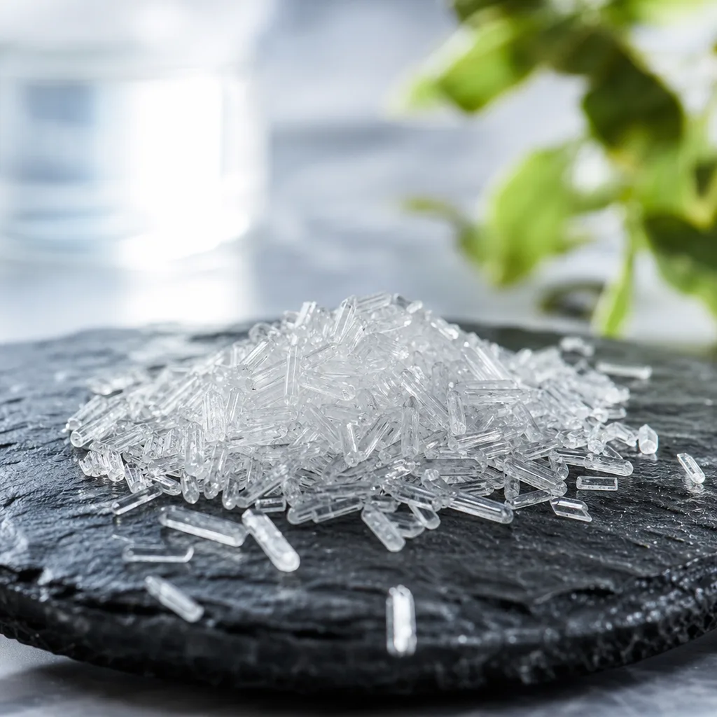 translucent magnesium citrate crystals on a dark stone surface with soft studio light