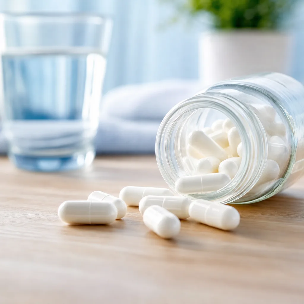 white magnesium capsules spilling out of an open glass bottle on a wooden table