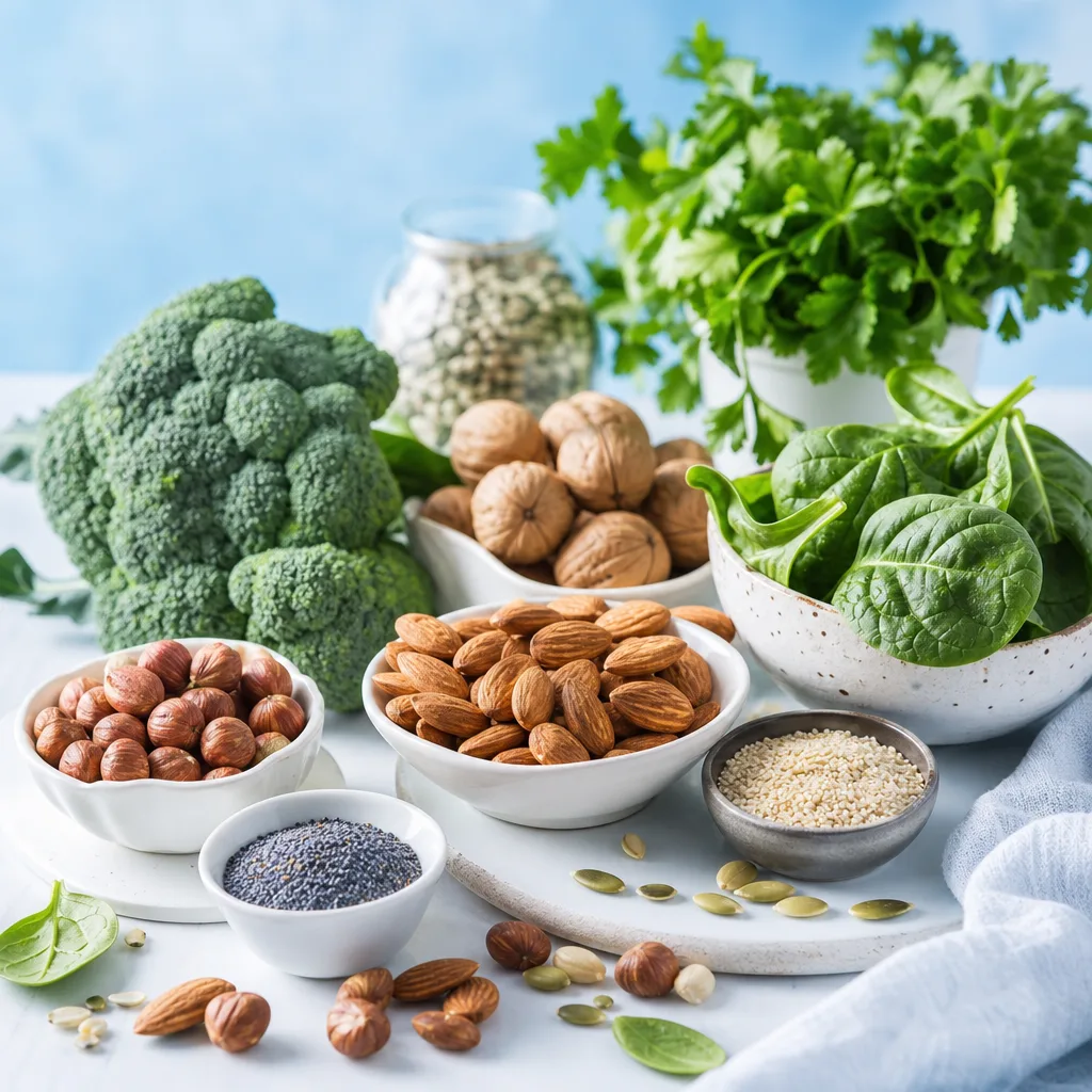 a variety of magnesium-rich foods, nuts, seeds and leafy greens arranged as a flat lay