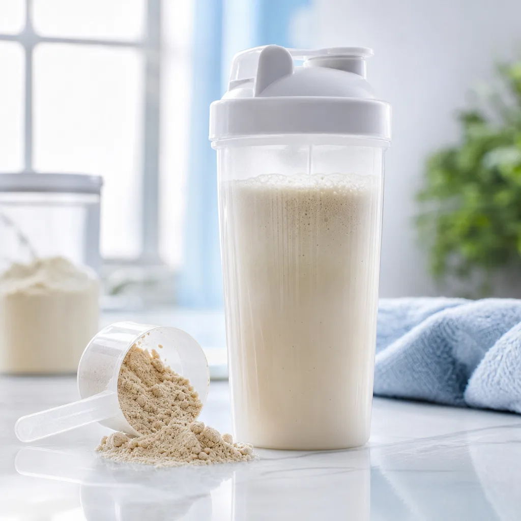 glass shaker bottle with a beige meal replacement shake and a scoop of powder beside it