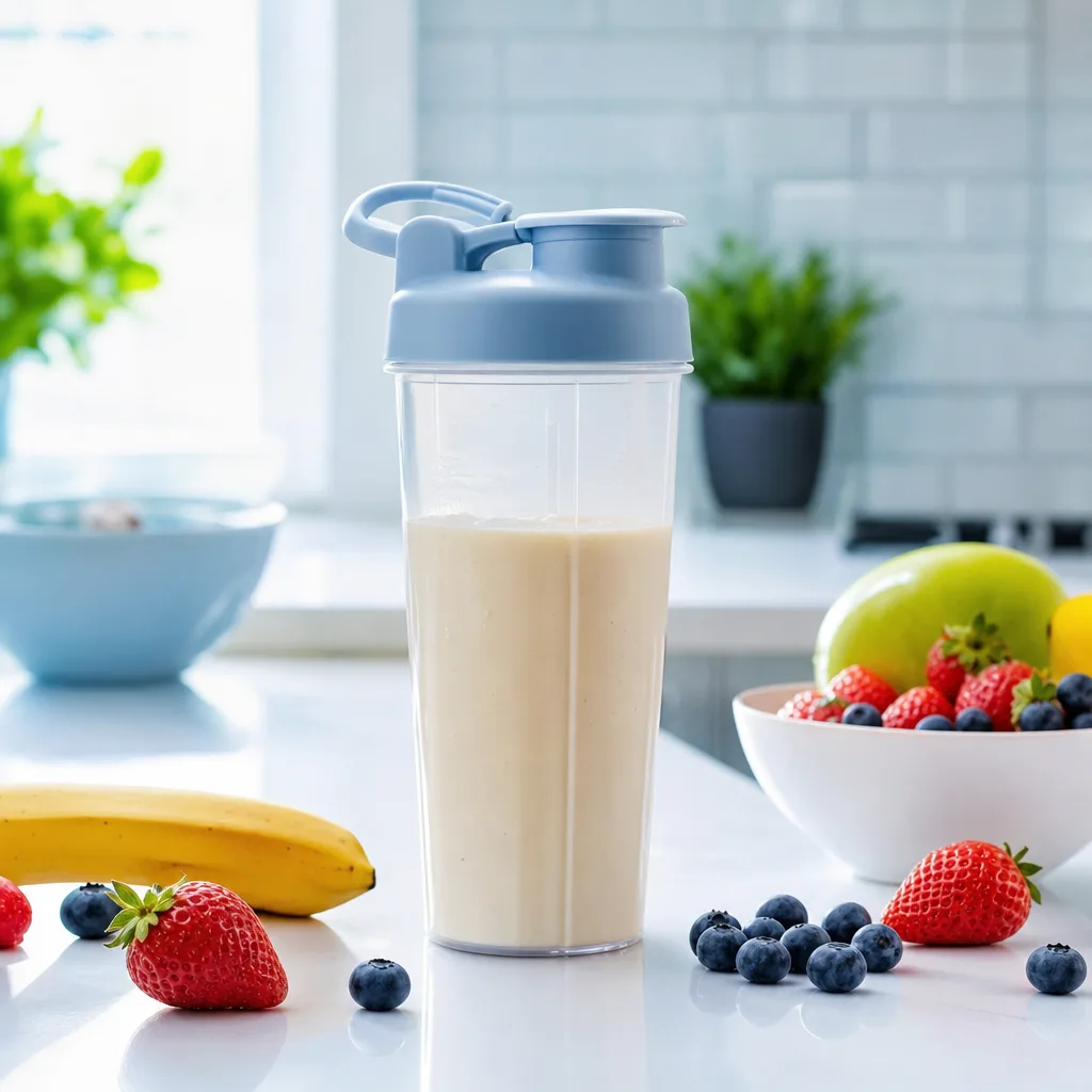 blender bottle with a light colored shake and fresh fruit on a kitchen counter