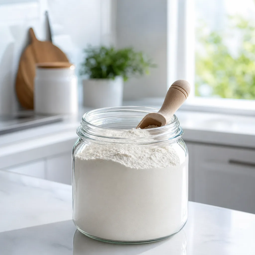 white powder in a glass jar with a wooden scoop, soft kitchen light, no text or labels