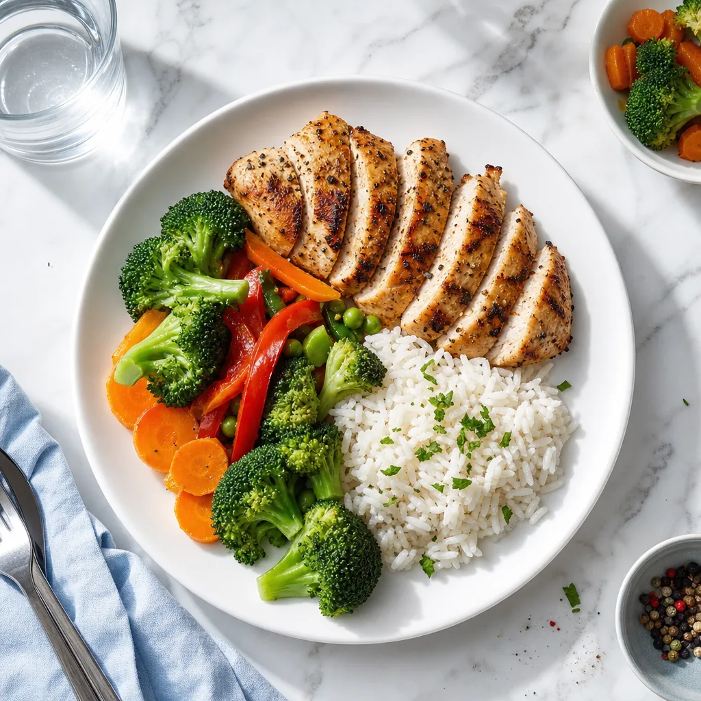 hearty meal with grilled chicken, rice and vegetables on a plate, overhead flat lay shot