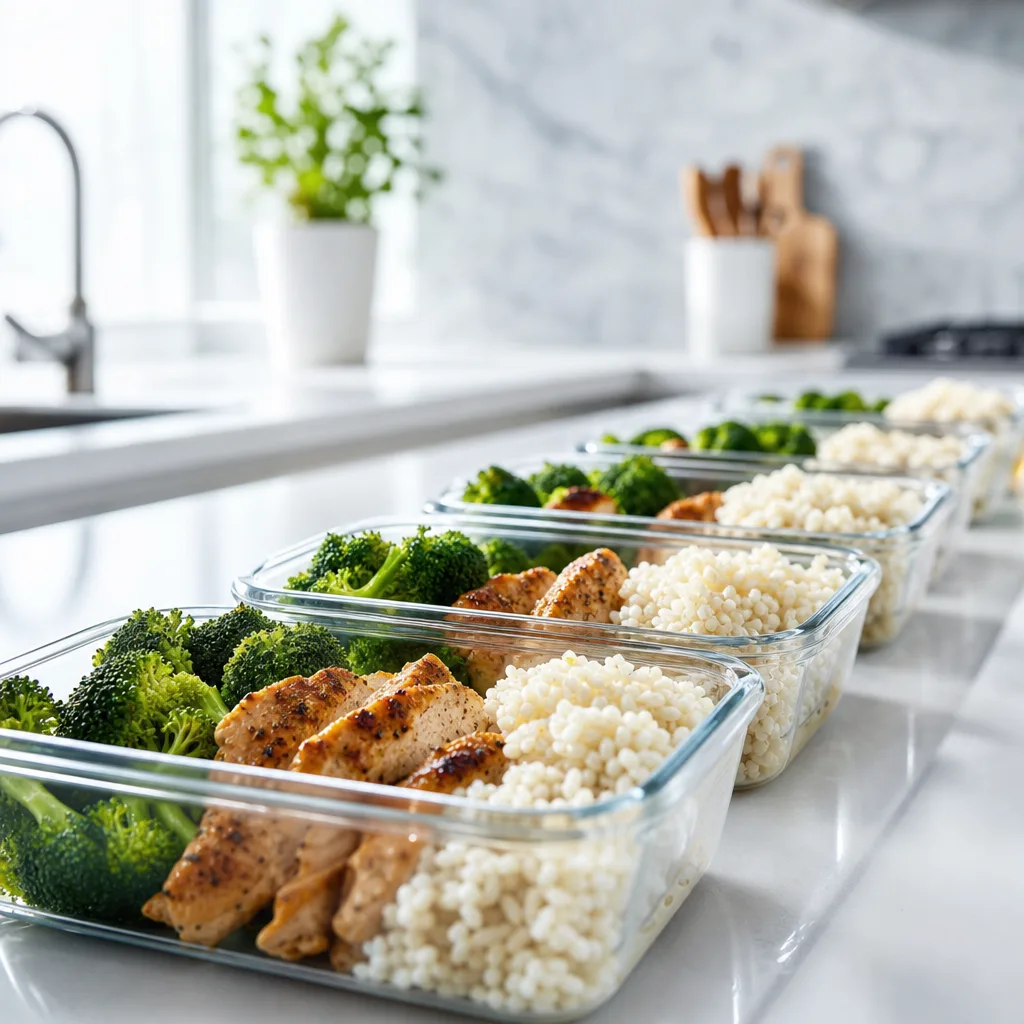 meal prep containers with protein, rice and broccoli lined up on a kitchen counter