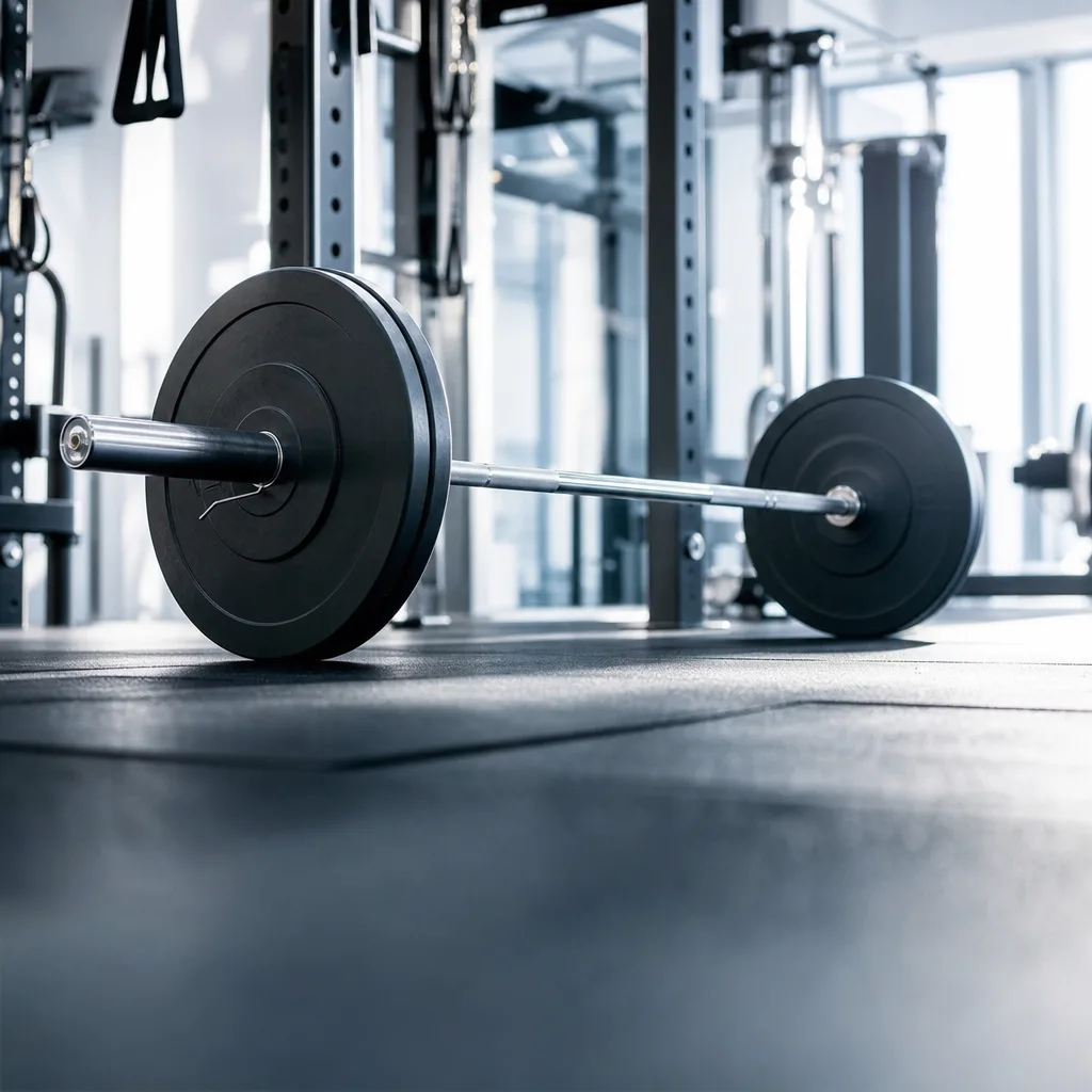 barbell with weight plates resting on a gym floor, dramatic side lighting