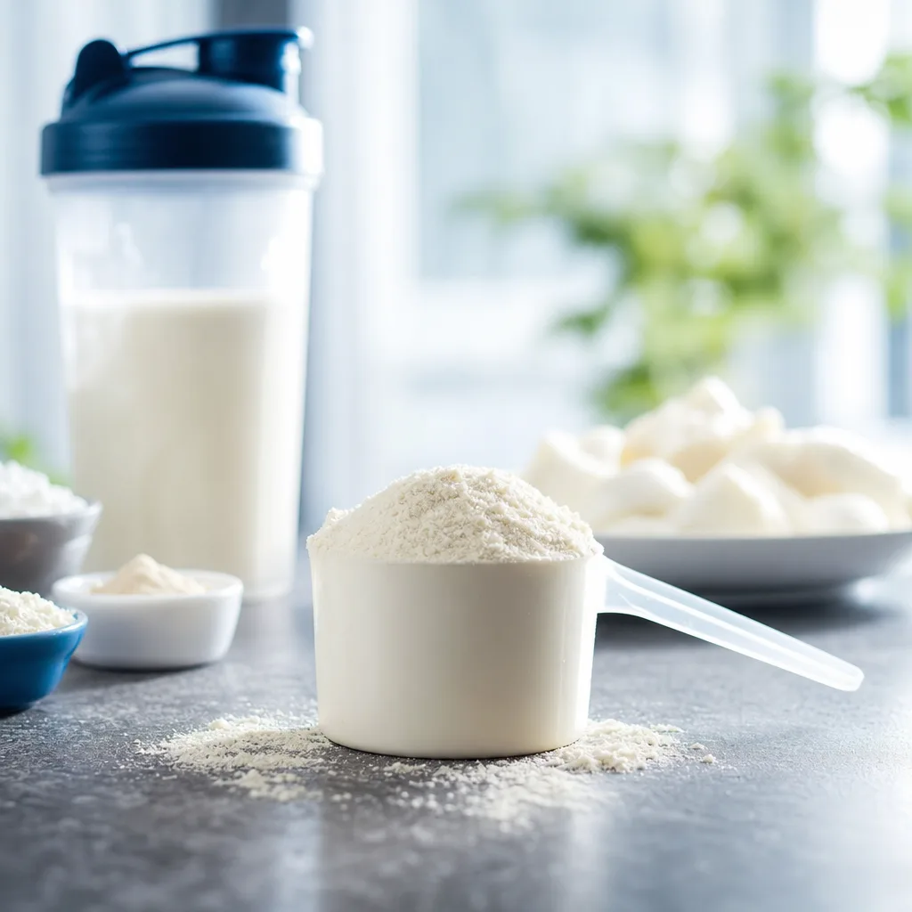 scoop of off-white protein powder blend on a dark countertop with a shaker bottle in background