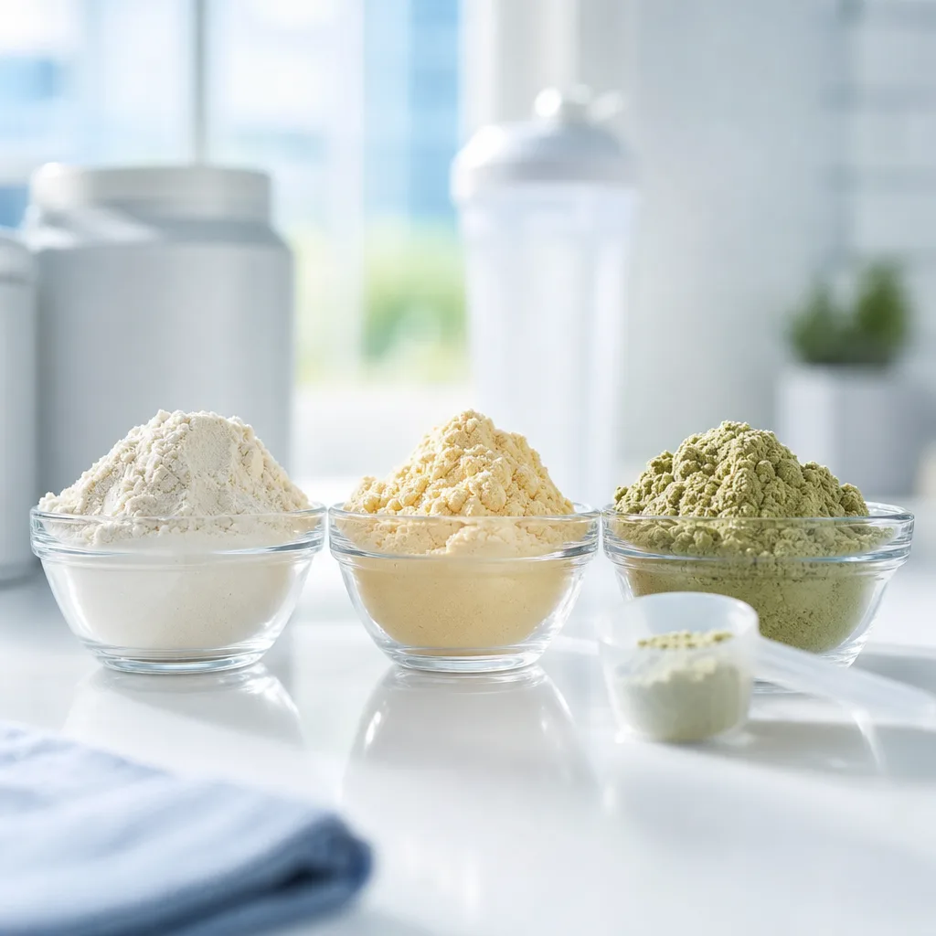 three small bowls with different colored protein powders, whey, egg and pea, side by side
