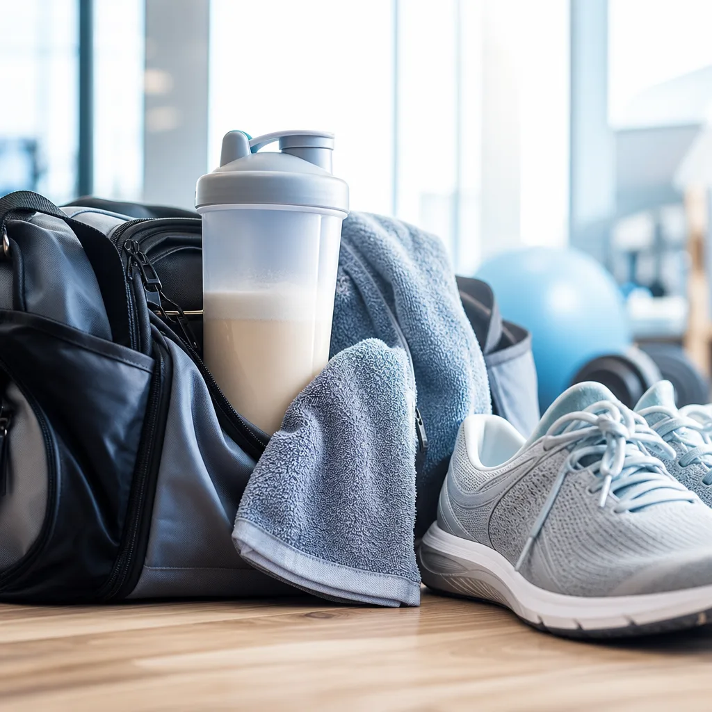 protein shaker bottle in a gym bag next to running shoes on a wooden floor
