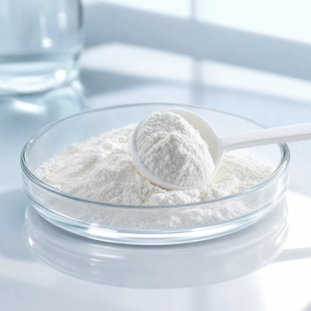 amino acid powder in glass dish with spoon, soft window light, minimal composition