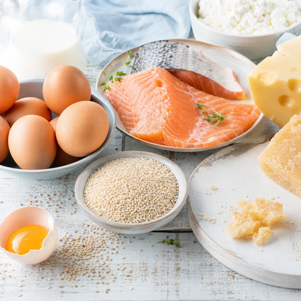 flat lay of eggs, fish, sesame seeds and cheese on rustic table representing sulfur rich foods