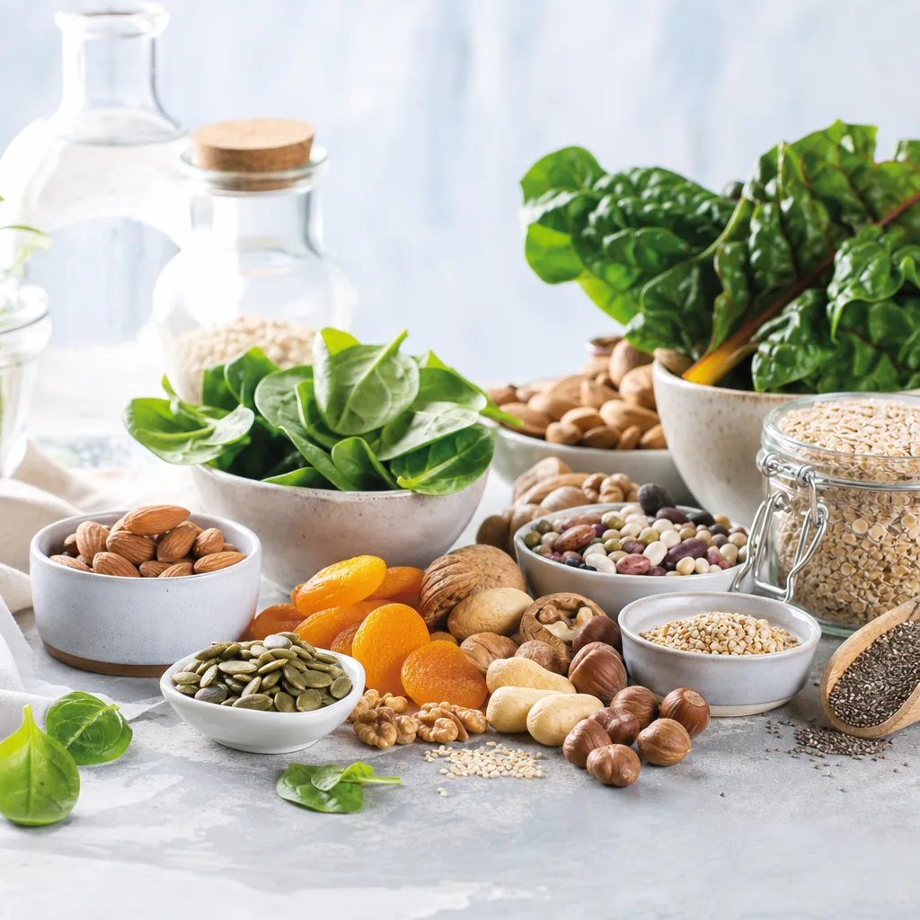assorted mineral rich foods including nuts, leafy greens and dried fruit arranged on a stone surface