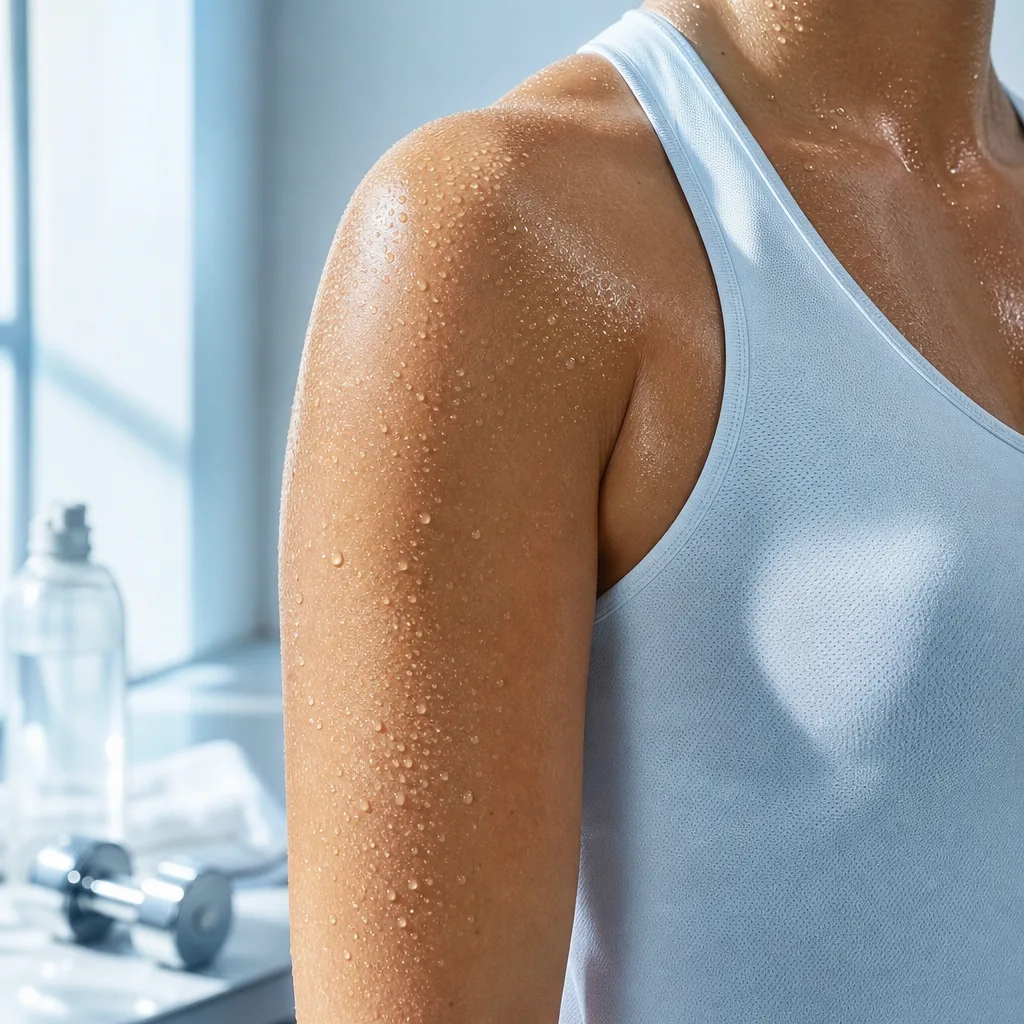 close up of sweat droplets on skin after intense workout, athletic tank top visible
