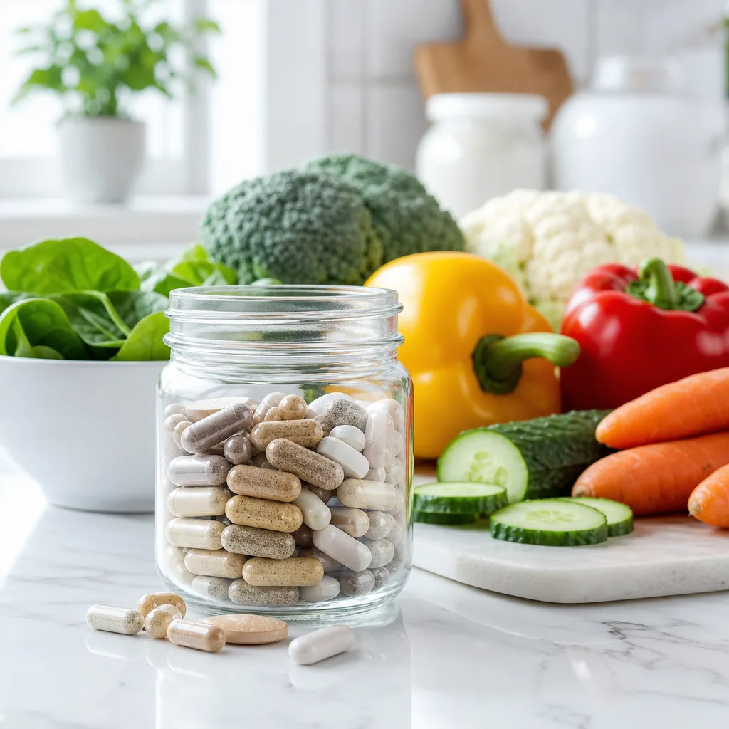 mineral supplement capsules in a glass jar next to fresh vegetables on a kitchen table