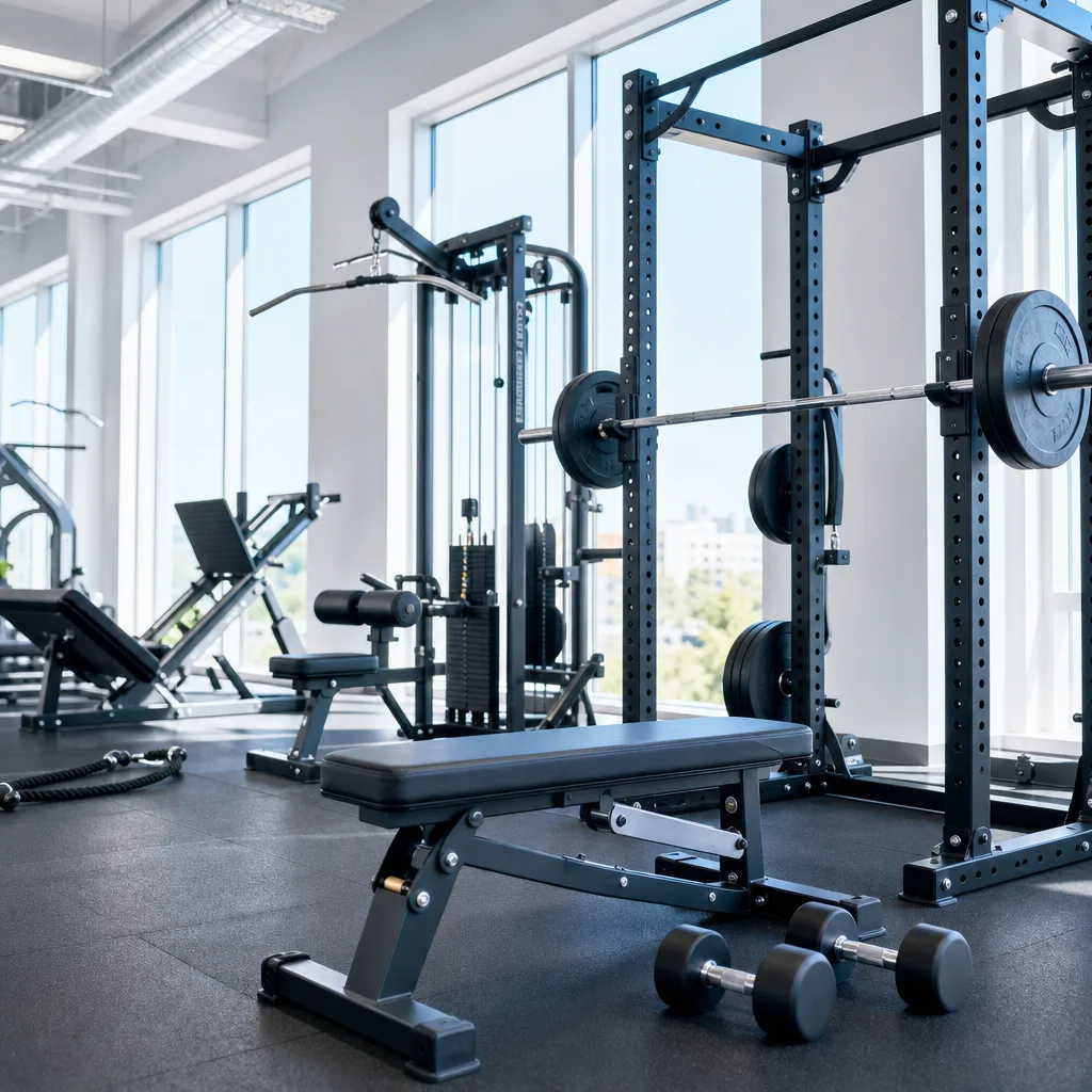 barbell rack and bench in a bright gym with large windows and daylight