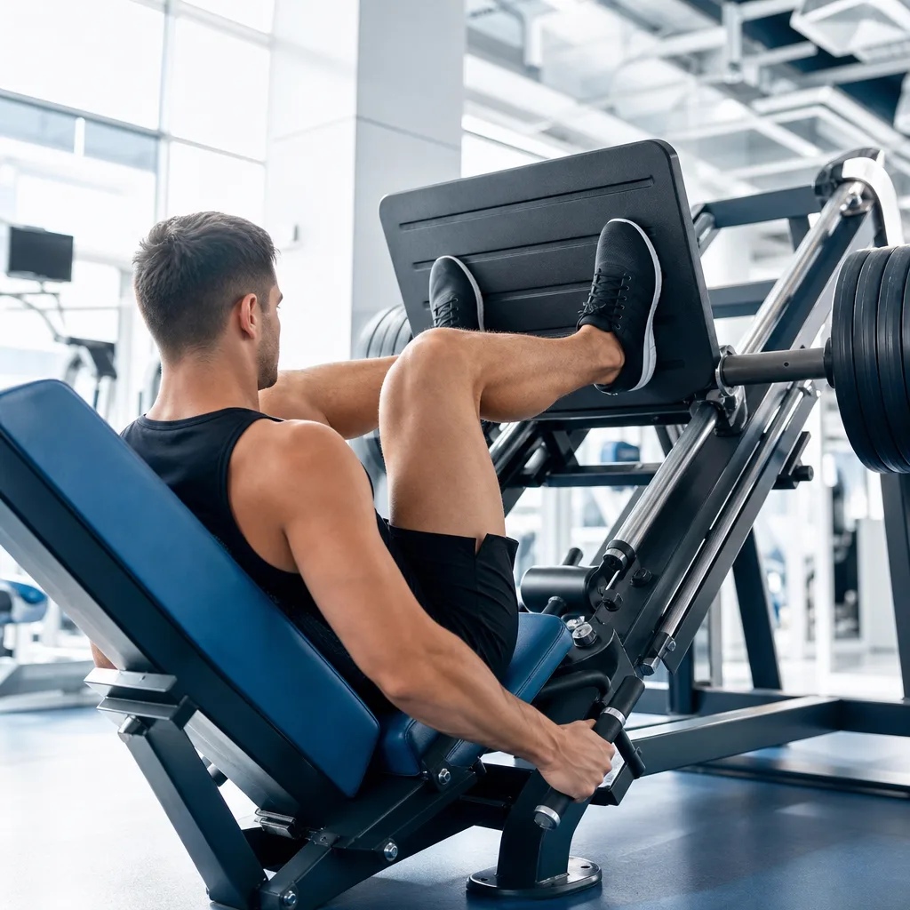 man doing a leg press machine exercise in a bright gym