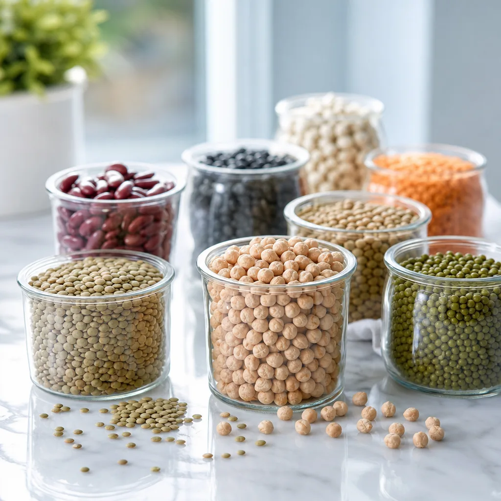 assorted dried legumes in small glass jars, lentils chickpeas and beans, natural light