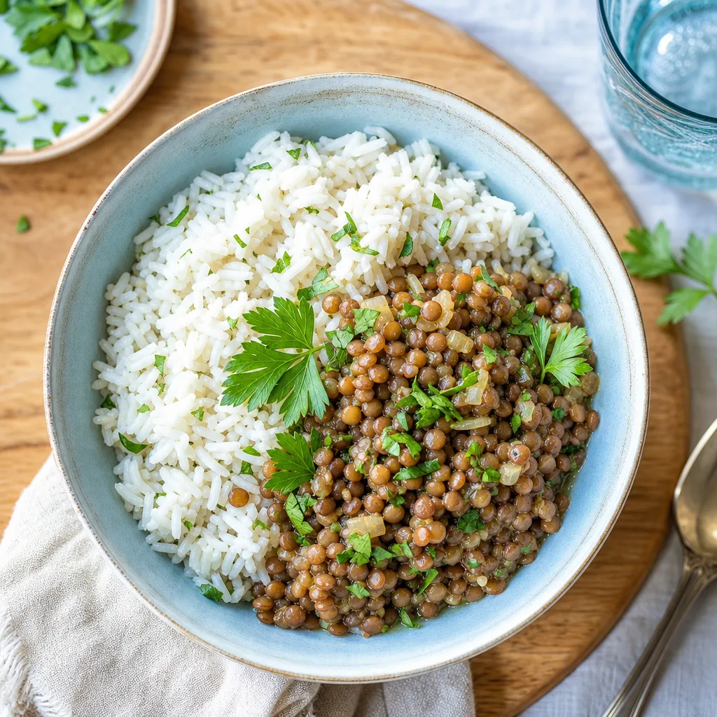 bowl of rice and lentils with fresh herbs, overhead shot on wooden table