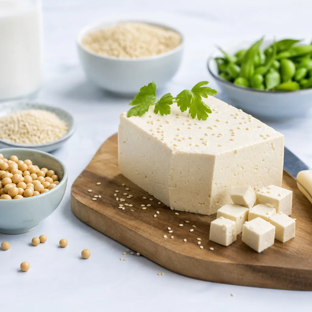 tofu block on a wooden cutting board with sesame seeds, soft daylight