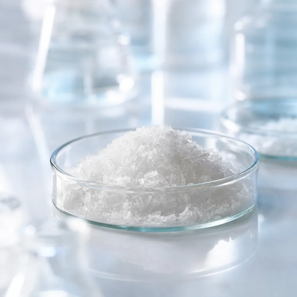 clear crystalline amino acid powder in a small glass laboratory dish, macro shot, soft studio light