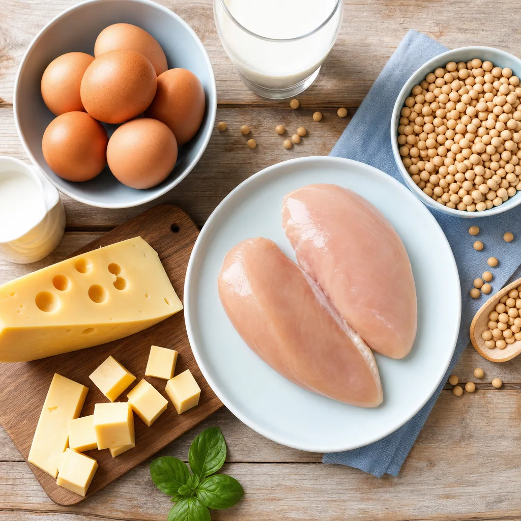 flat lay of protein rich foods including eggs, cheese, chicken breast and soybeans on a wooden table, overhead view
